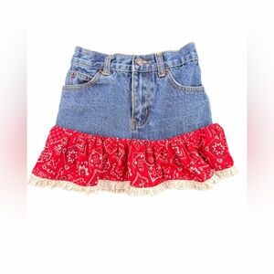 KIDDIE KORRAL Girl’s Bandana Trimmed Denim Mini Skirt with Lace Trim- 6